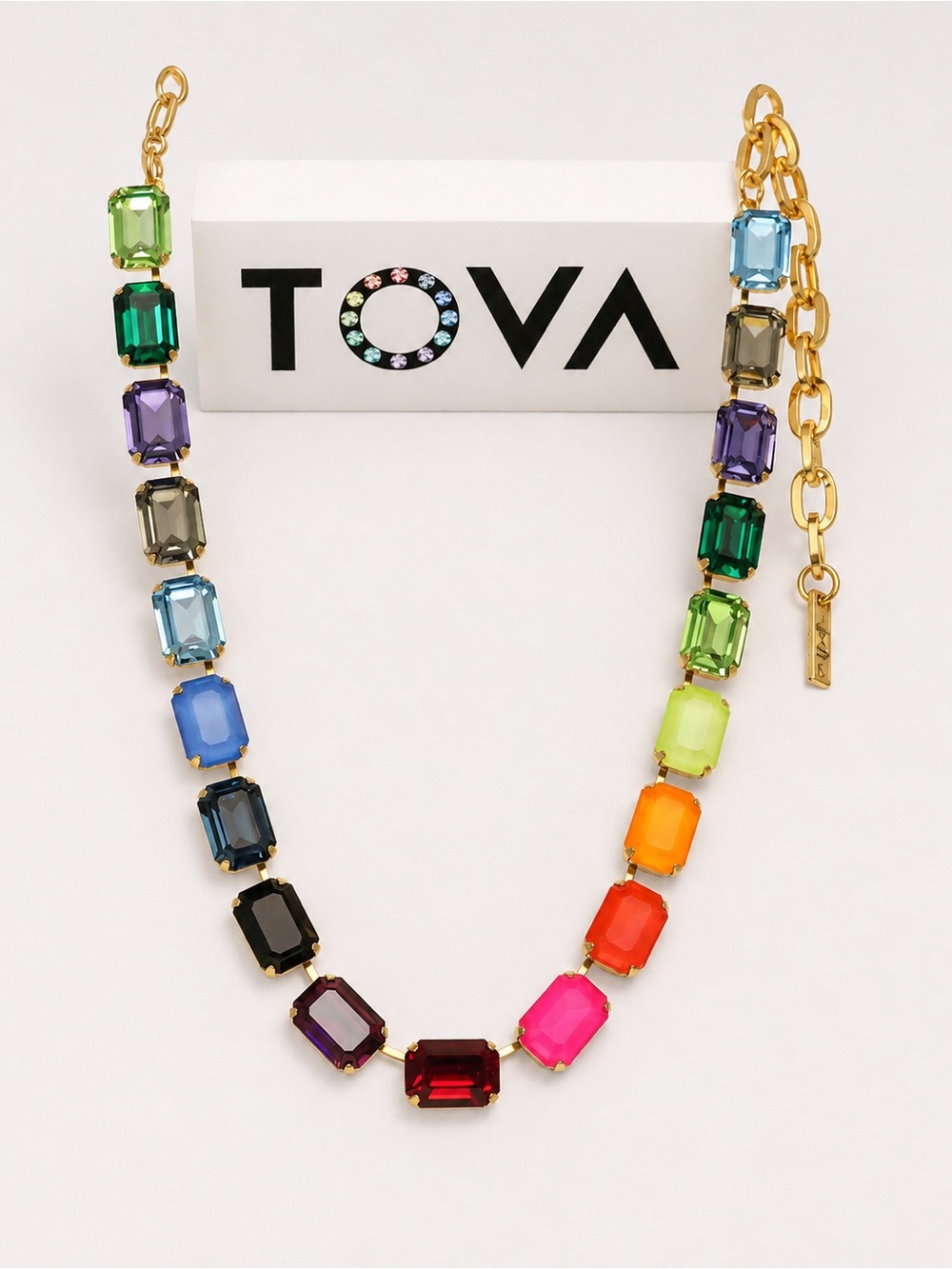TOVA Jabari Necklace in Electric Rainbow 
Emerald-Cut Crystal stones..